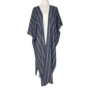 Gray White Striped Kimono Cardigan Side Slits Lightweight Dolman Sleeves